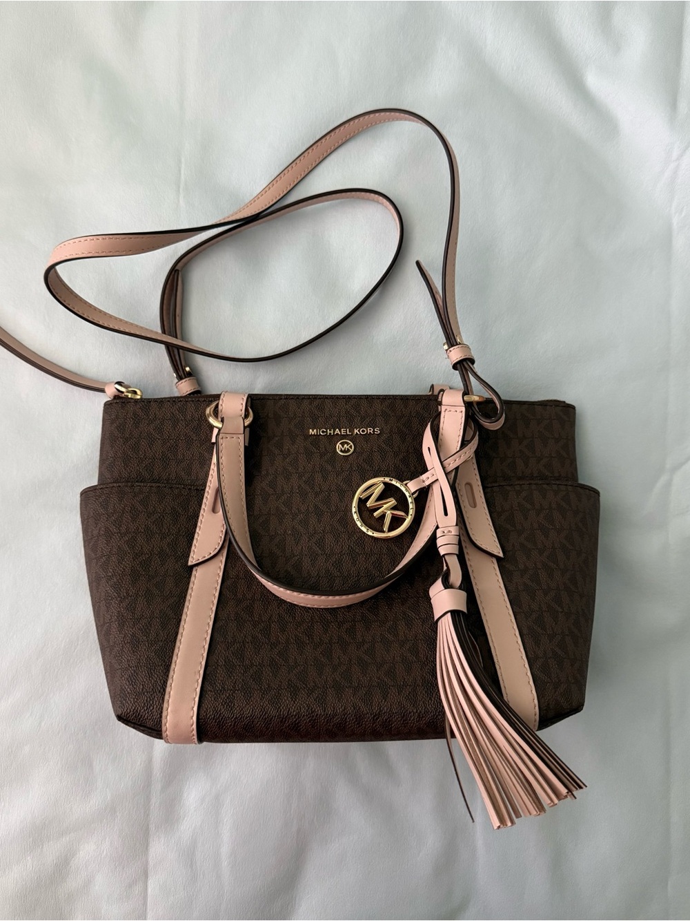 Michael Kors Brown & Light Pink Logo Crossbody Tote with Tassel Charm